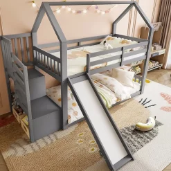 Okwish Lit Superposé Enfant 90x200 cm - Lit avec Toboggan et Escalier de Rangement - Cadre Bois MDF - Sans Matelas - Gris*Enfant Lit Enfant