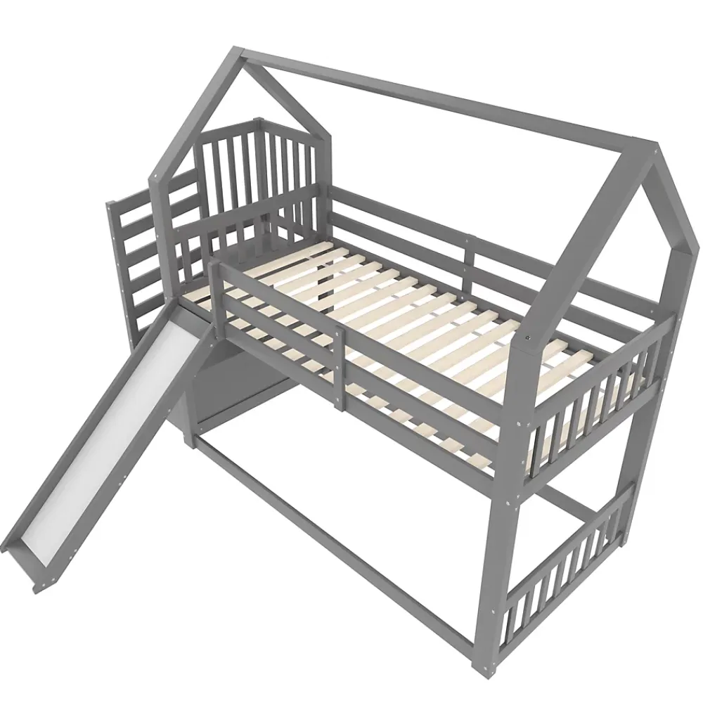 Okwish Lit Superposé Enfant 90x200 cm - Lit avec Toboggan et Escalier de Rangement - Cadre Bois MDF - Sans Matelas - Gris*Enfant Lit Enfant
