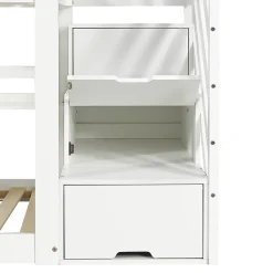 ModernLuxe Lit superposé enfant 90x200 cm avec fenêtre - avec échelle de rangement - bois massif + MDF - blanc + gris (sans matelas)*Enfant Lit Enfant
