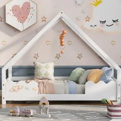 Lit Superposé enfant 90x200 cm - Lit Simple en Bois Massif de Pin, Capacité 120 kg, Sans Matelas, Blanc>Okwish Sale