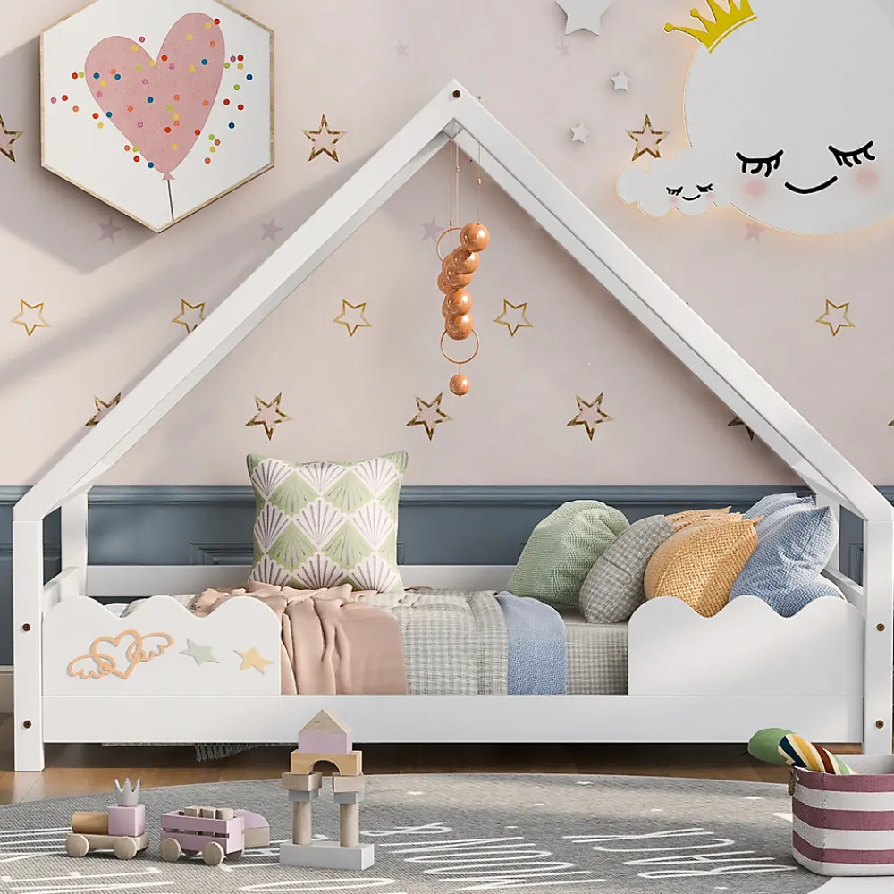 Lit Superposé enfant 90x200 cm - Lit Simple en Bois Massif de Pin, Capacité 120 kg, Sans Matelas, Blanc>Okwish Sale