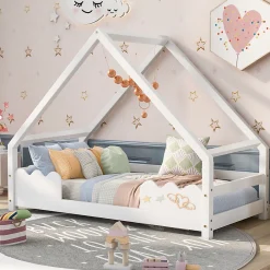 Lit Superposé enfant 90x200 cm - Lit Simple en Bois Massif de Pin, Capacité 120 kg, Sans Matelas, Blanc><noscript><img width=