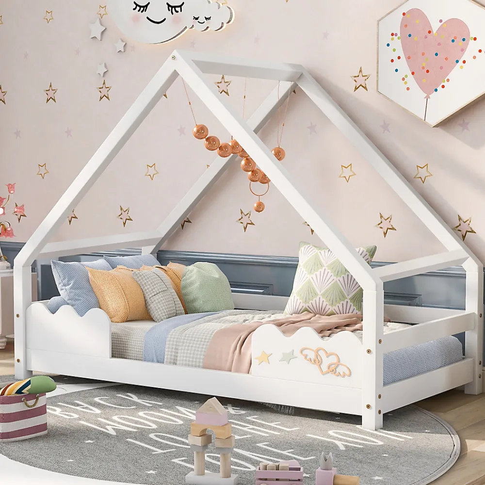 Lit Superposé enfant 90x200 cm - Lit Simple en Bois Massif de Pin, Capacité 120 kg, Sans Matelas, Blanc>Okwish Sale