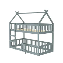 Okwish Lit Superposé Enfant 90x200 cm - avec escalier sécurisé et rangement, Bois Massif + MDF - Gris, sans matelas*Enfant Lit Enfant
