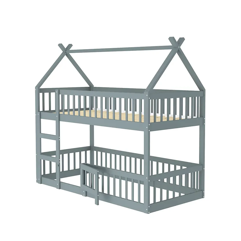 Okwish Lit Superposé Enfant 90x200 cm - avec escalier sécurisé et rangement, Bois Massif + MDF - Gris, sans matelas*Enfant Lit Enfant