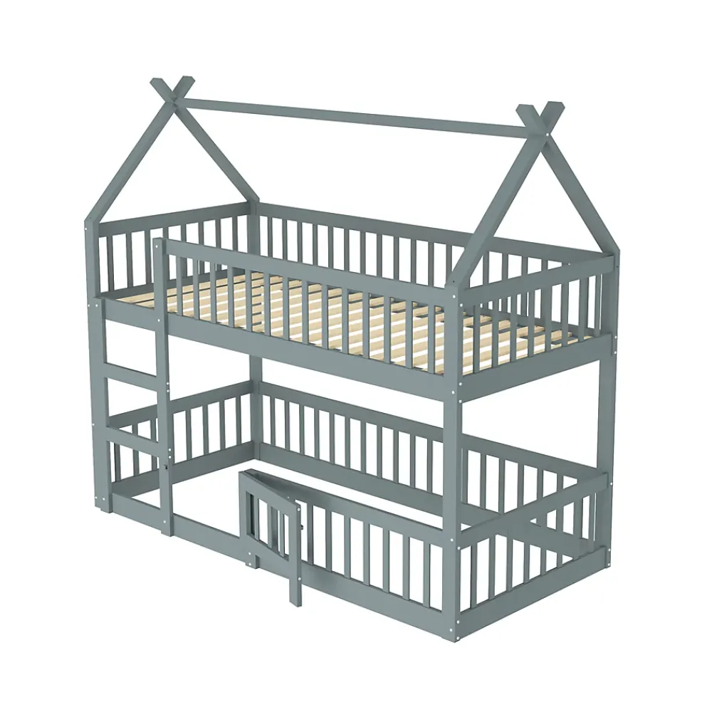 Okwish Lit Superposé Enfant 90x200 cm - avec escalier sécurisé et rangement, Bois Massif + MDF - Gris, sans matelas*Enfant Lit Enfant