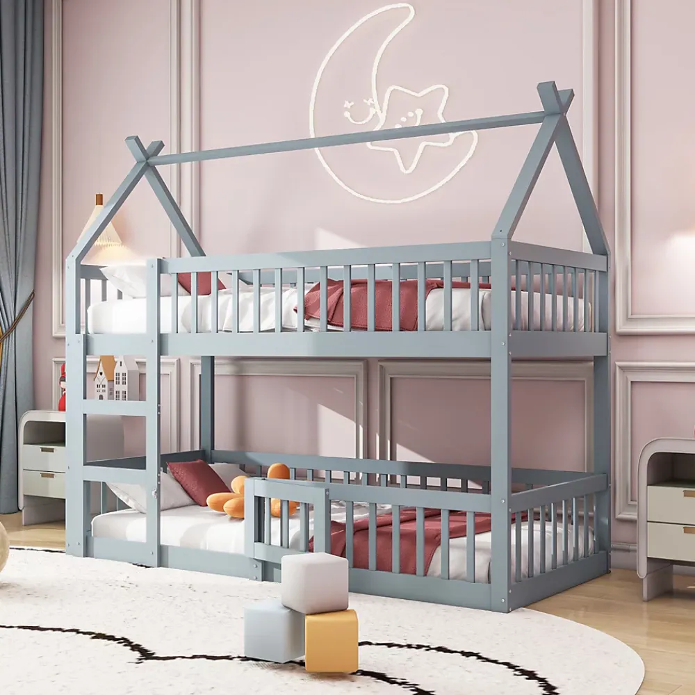Okwish Lit Superposé Enfant 90x200 cm - avec escalier sécurisé et rangement, Bois Massif + MDF - Gris, sans matelas*Enfant Lit Enfant