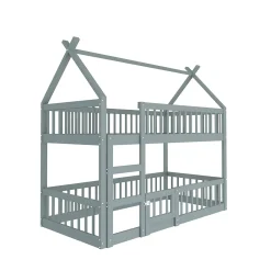 Okwish Lit Superposé Enfant 90x200 cm - avec escalier sécurisé et rangement, Bois Massif + MDF - Gris, sans matelas*Enfant Lit Enfant