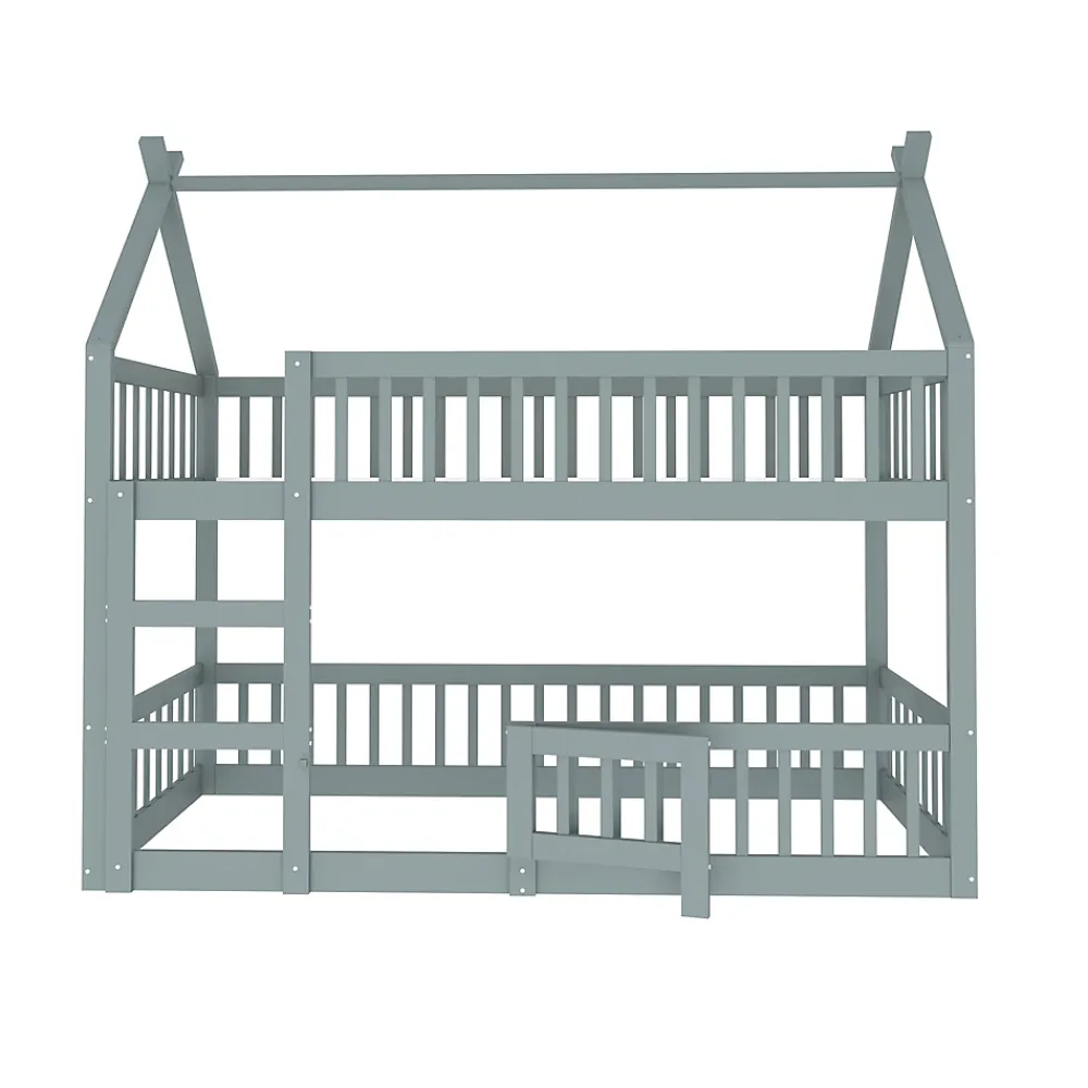 Okwish Lit Superposé Enfant 90x200 cm - avec escalier sécurisé et rangement, Bois Massif + MDF - Gris, sans matelas*Enfant Lit Enfant