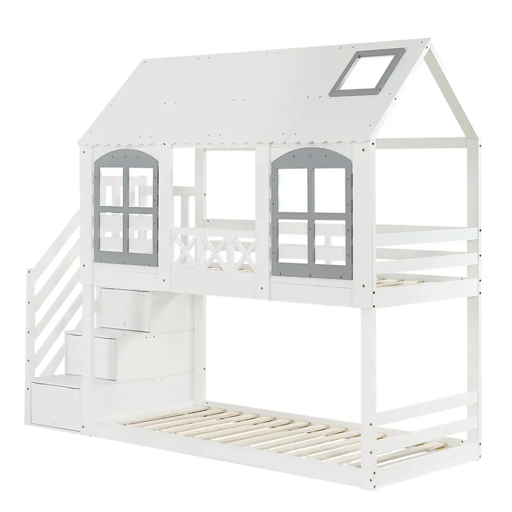 ProximaX Lit superposé enfant 90x200 cm blanc/gris en pin et MDF avec barrières de sécurité, 3 tiroirs et rangement*Enfant Lit Enfant