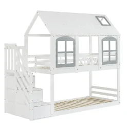 ProximaX Lit superposé enfant 90x200 cm blanc/gris en pin et MDF avec barrières de sécurité, 3 tiroirs et rangement*Enfant Lit Enfant