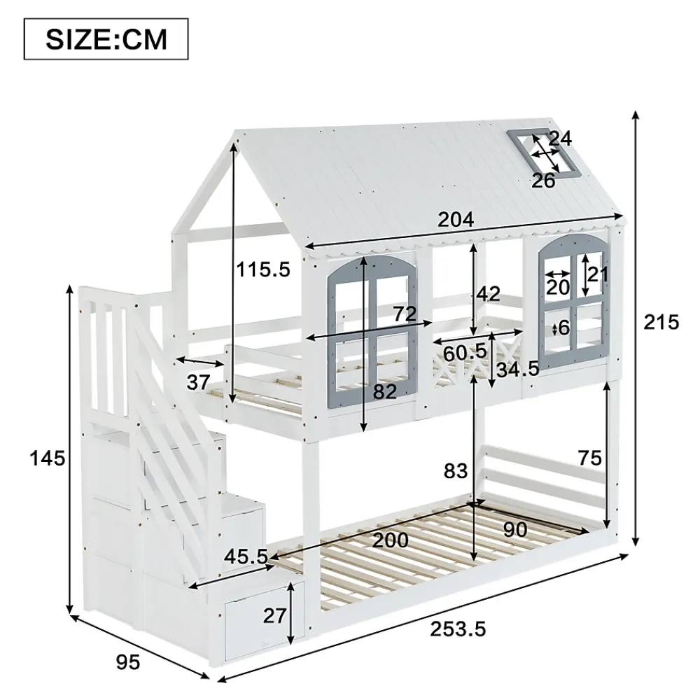 ProximaX Lit superposé enfant 90x200 cm blanc/gris en pin et MDF avec barrières de sécurité, 3 tiroirs et rangement*Enfant Lit Enfant