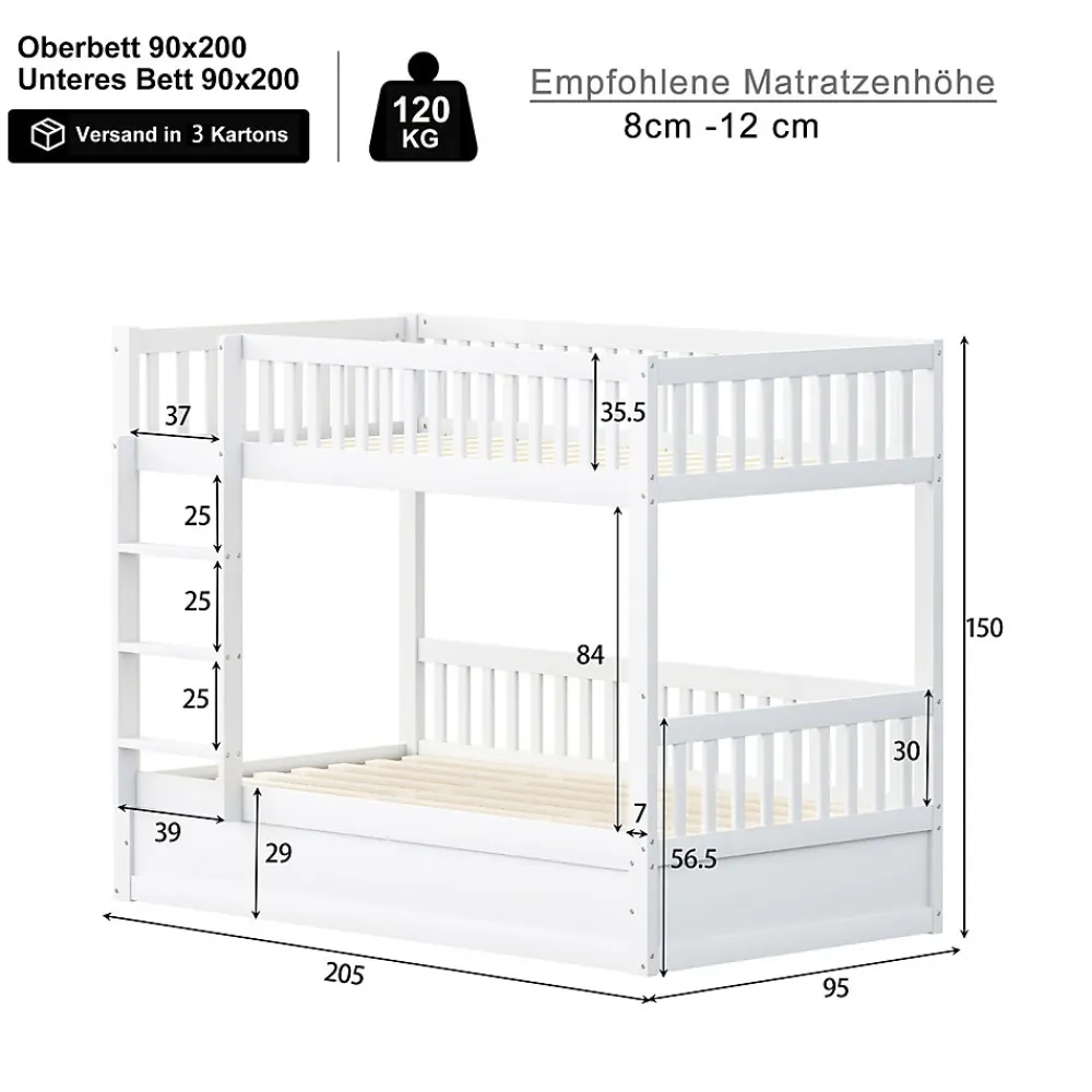ProximaX Lit superposé enfant 90x200 cm en bois massif blanc avec système de rangement hydraulique, lit solide, durable et fonctionnel*Enfant Lit Enfant