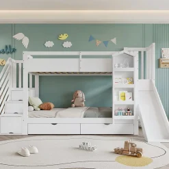 ModernLuxe Lit superposé enfant 90x200 cm avec escalier de rangement et toboggan - bibliothèque illustrée - 2 tiroirs - blanc (sans matelas)*Enfant Lit Enfant