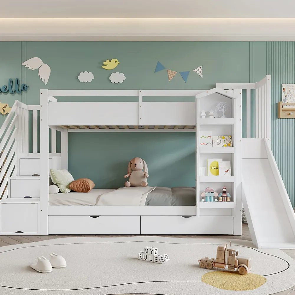 ModernLuxe Lit superposé enfant 90x200 cm avec escalier de rangement et toboggan - bibliothèque illustrée - 2 tiroirs - blanc (sans matelas)*Enfant Lit Enfant