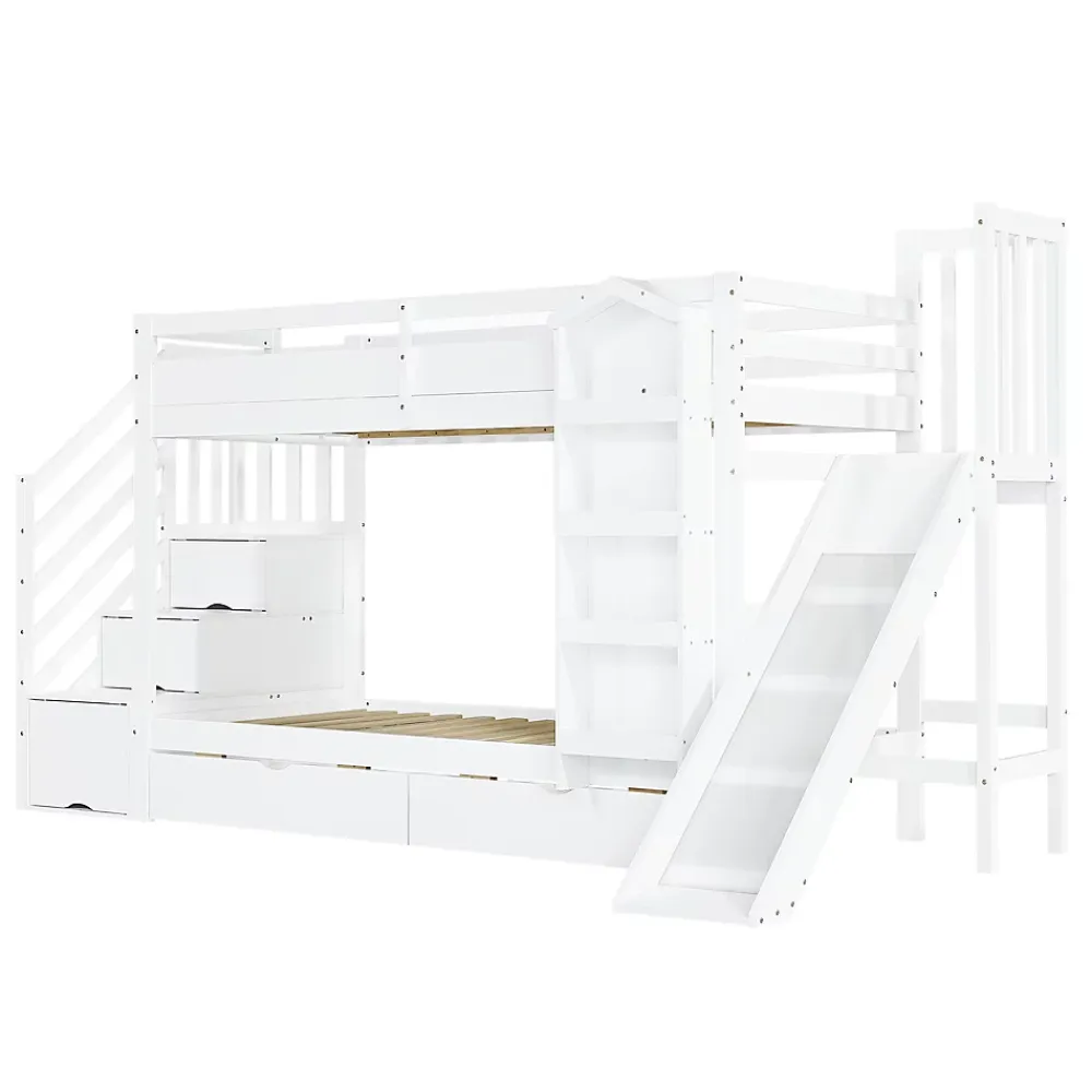 ModernLuxe Lit superposé enfant 90x200 cm avec escalier de rangement et toboggan - bibliothèque illustrée - 2 tiroirs - blanc (sans matelas)*Enfant Lit Enfant