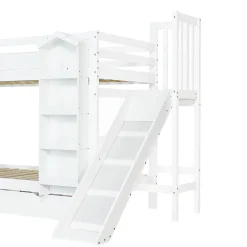 ModernLuxe Lit superposé enfant 90x200 cm avec escalier de rangement et toboggan - bibliothèque illustrée - 2 tiroirs - blanc (sans matelas)*Enfant Lit Enfant