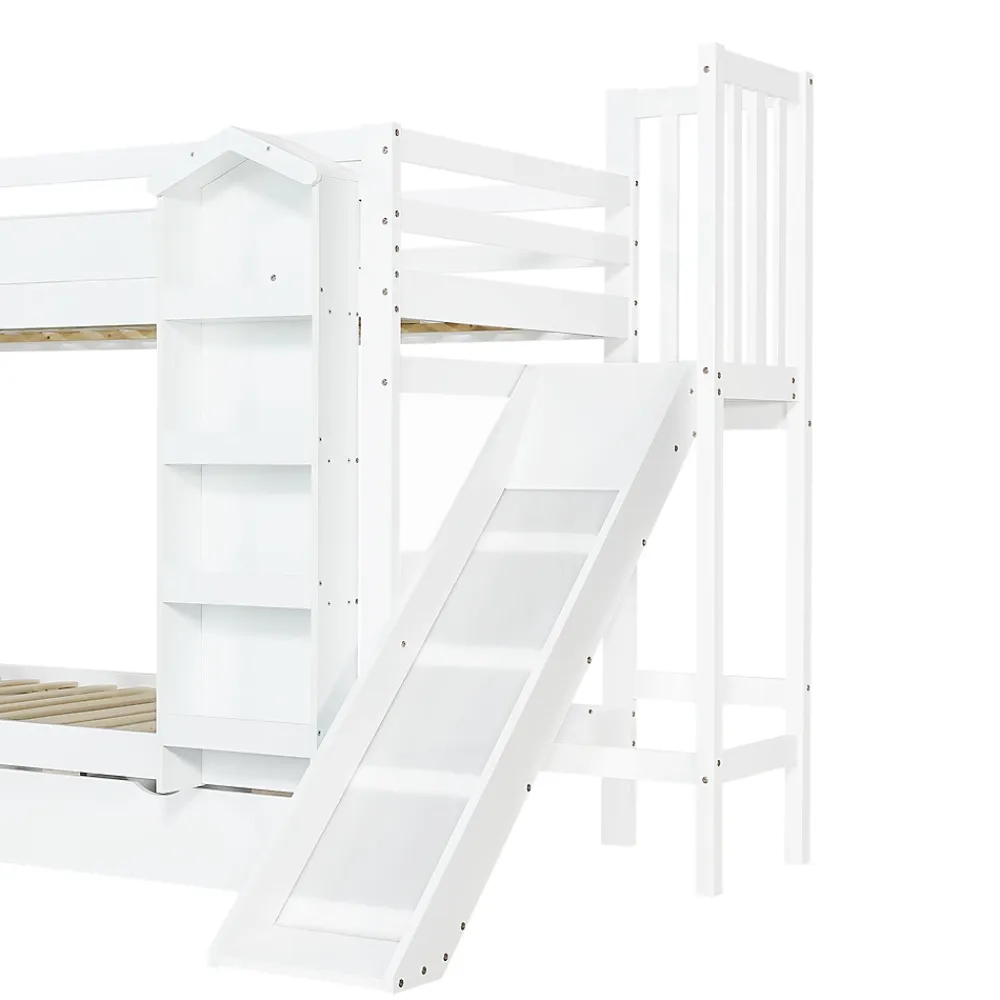 ModernLuxe Lit superposé enfant 90x200 cm avec escalier de rangement et toboggan - bibliothèque illustrée - 2 tiroirs - blanc (sans matelas)*Enfant Lit Enfant