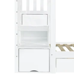 ModernLuxe Lit superposé enfant 90x200 cm avec escalier de rangement et toboggan - bibliothèque illustrée - 2 tiroirs - blanc (sans matelas)*Enfant Lit Enfant