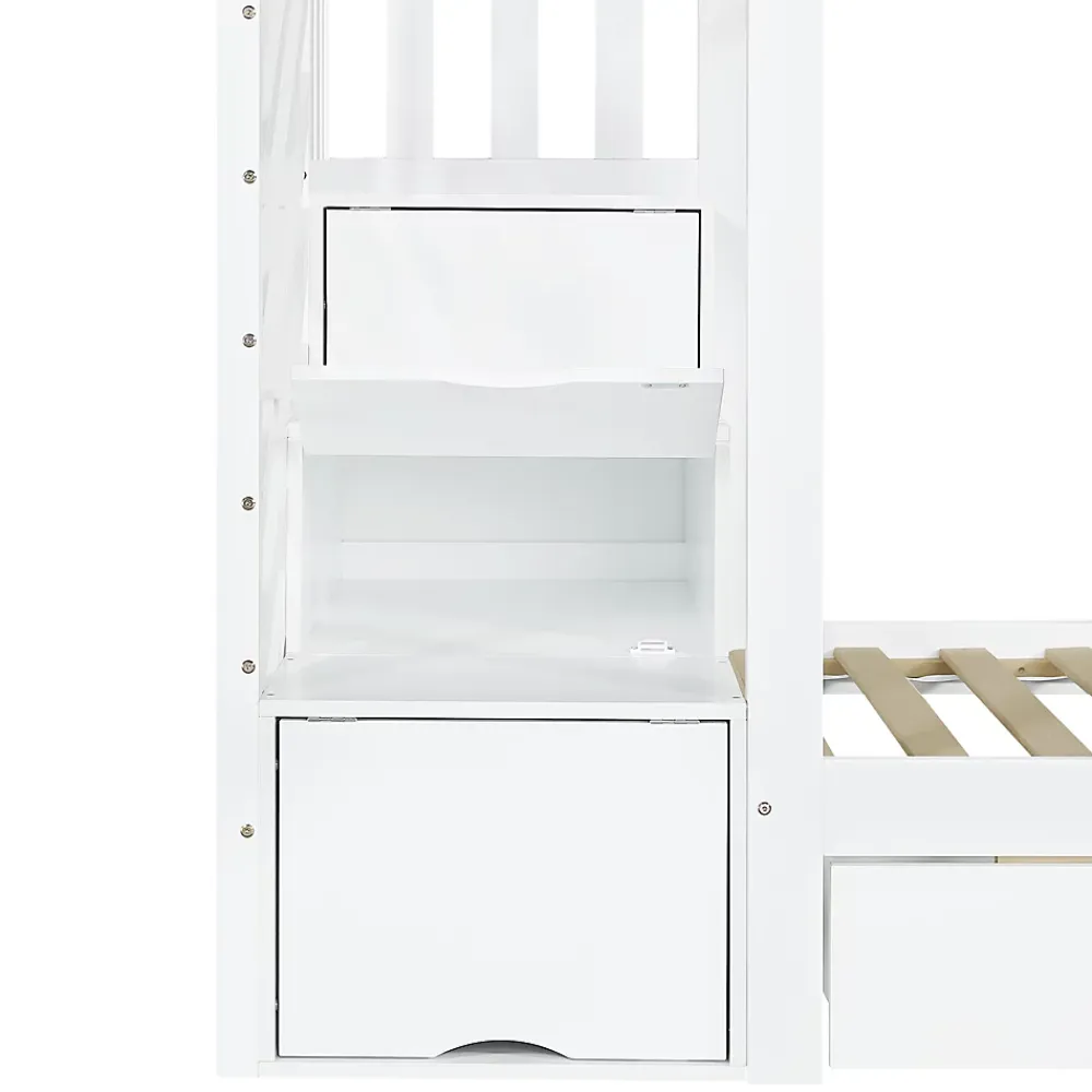 ModernLuxe Lit superposé enfant 90x200 cm avec escalier de rangement et toboggan - bibliothèque illustrée - 2 tiroirs - blanc (sans matelas)*Enfant Lit Enfant