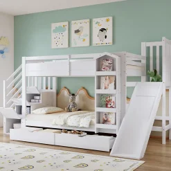 ModernLuxe Lit superposé enfant 90x200 cm avec escalier de rangement et toboggan - bibliothèque illustrée - 2 tiroirs - blanc (sans matelas)*Enfant Lit Enfant