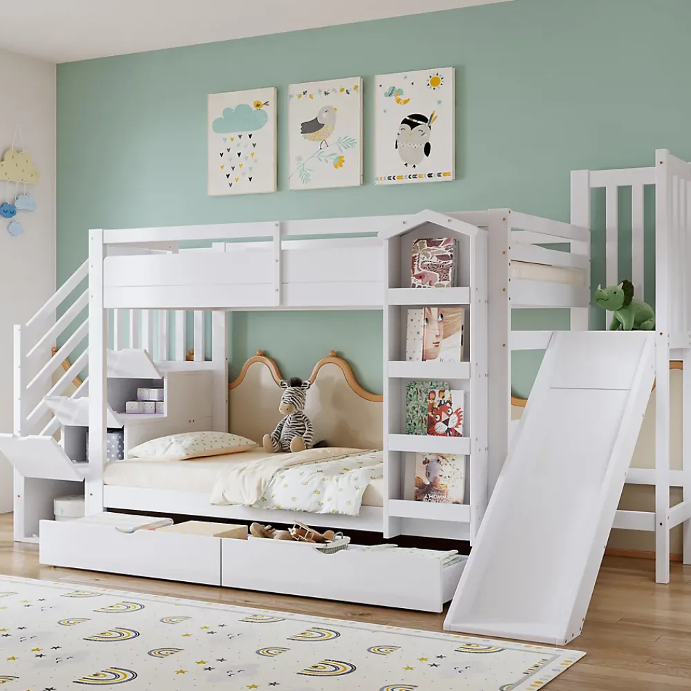 ModernLuxe Lit superposé enfant 90x200 cm avec escalier de rangement et toboggan - bibliothèque illustrée - 2 tiroirs - blanc (sans matelas)*Enfant Lit Enfant