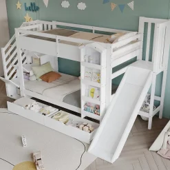 ModernLuxe Lit superposé enfant 90x200 cm avec escalier de rangement et toboggan - bibliothèque illustrée - 2 tiroirs - blanc (sans matelas)*Enfant Lit Enfant