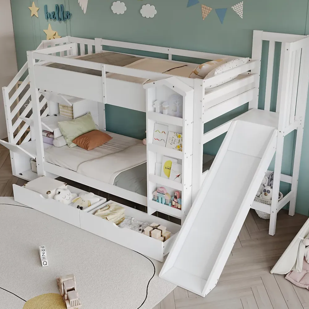 ModernLuxe Lit superposé enfant 90x200 cm avec escalier de rangement et toboggan - bibliothèque illustrée - 2 tiroirs - blanc (sans matelas)*Enfant Lit Enfant