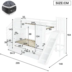 ModernLuxe Lit superposé enfant 90x200 cm avec escalier de rangement et toboggan - bibliothèque illustrée - 2 tiroirs - blanc (sans matelas)*Enfant Lit Enfant