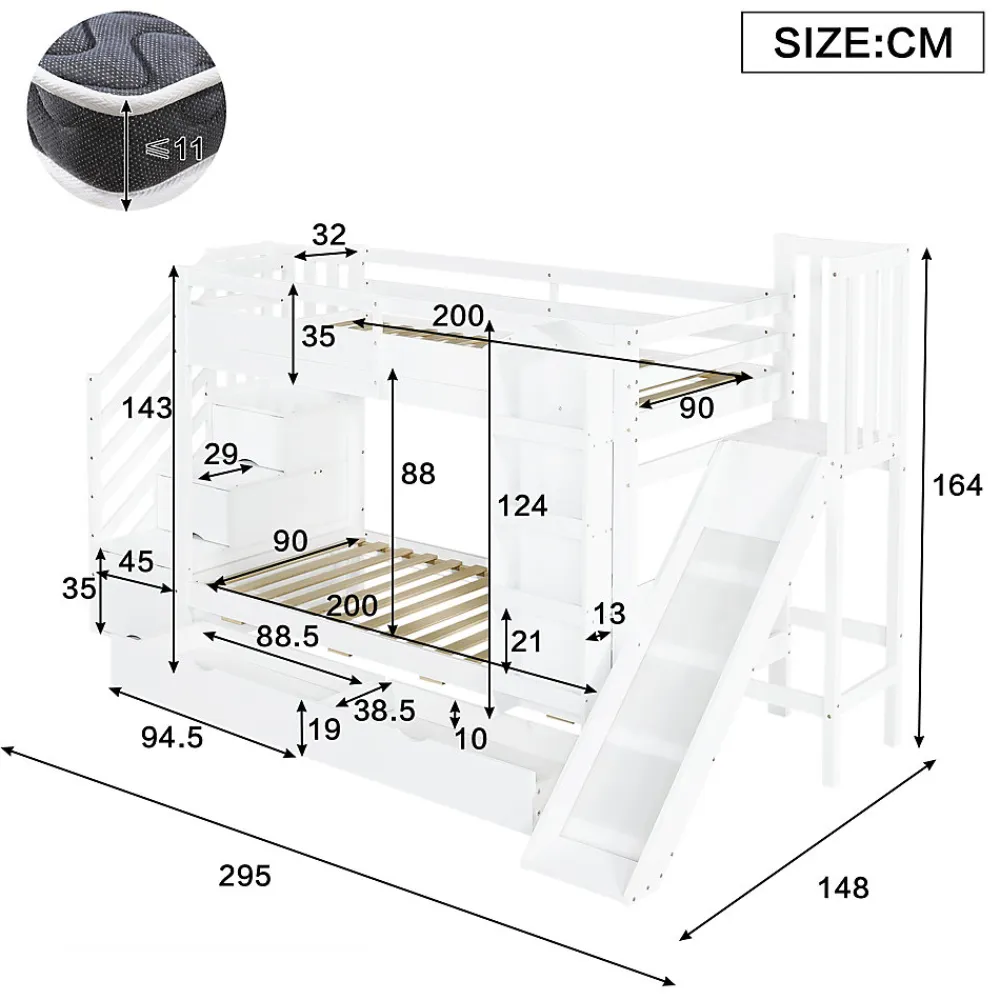 ModernLuxe Lit superposé enfant 90x200 cm avec escalier de rangement et toboggan - bibliothèque illustrée - 2 tiroirs - blanc (sans matelas)*Enfant Lit Enfant