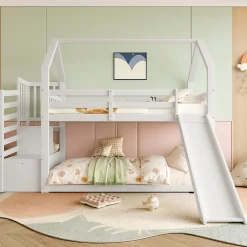 Lit Superposé Enfant 90x200 cm - Lit avec Toboggan et Escalier de Rangement - Cadre Bois MDF - Sans Matelas - Blanc>Okwish Sale