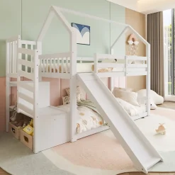 Lit Superposé Enfant 90x200 cm - Lit avec Toboggan et Escalier de Rangement - Cadre Bois MDF - Sans Matelas - Blanc><noscript><img width=