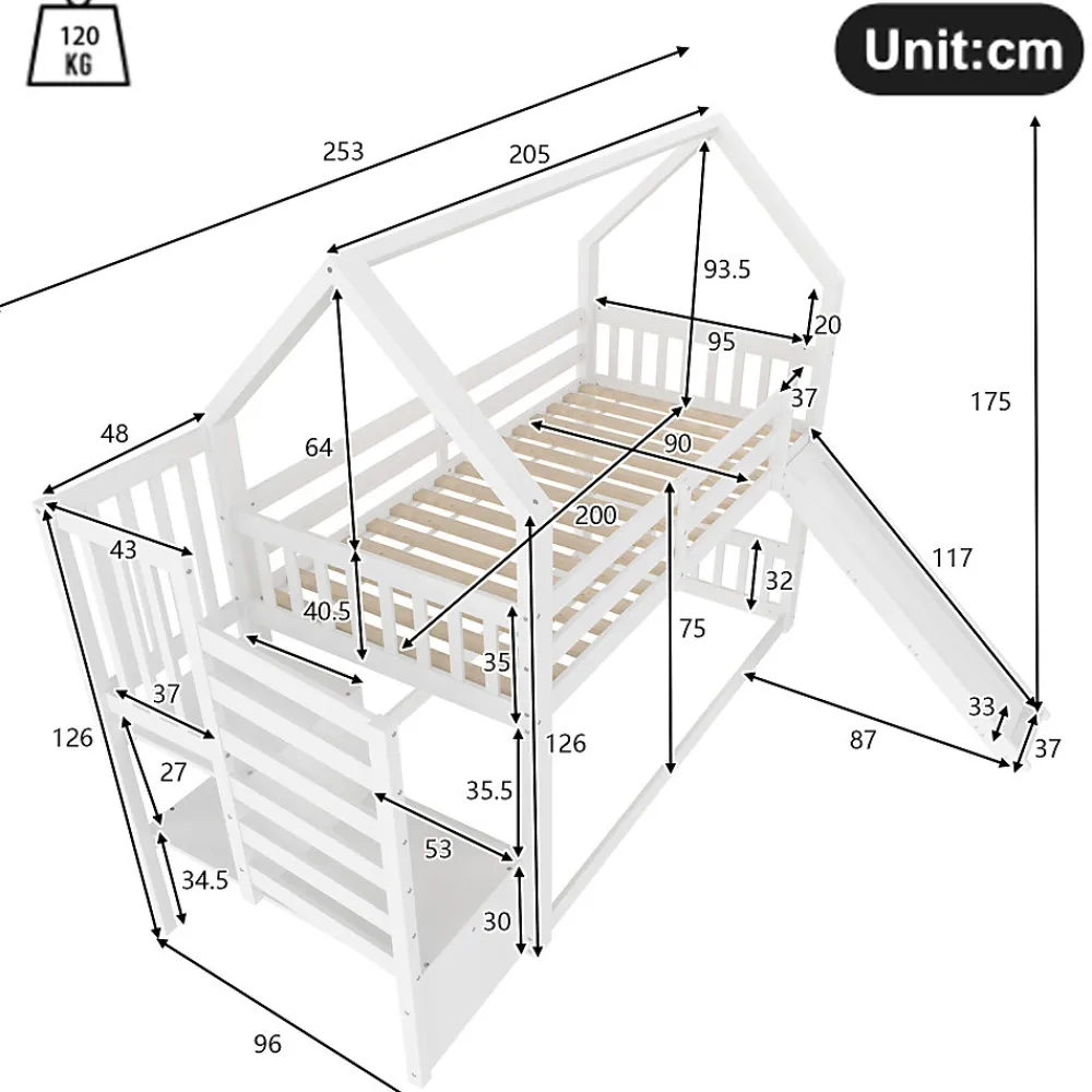 Lit Superposé Enfant 90x200 cm - Lit avec Toboggan et Escalier de Rangement - Cadre Bois MDF - Sans Matelas - Blanc>Okwish Sale