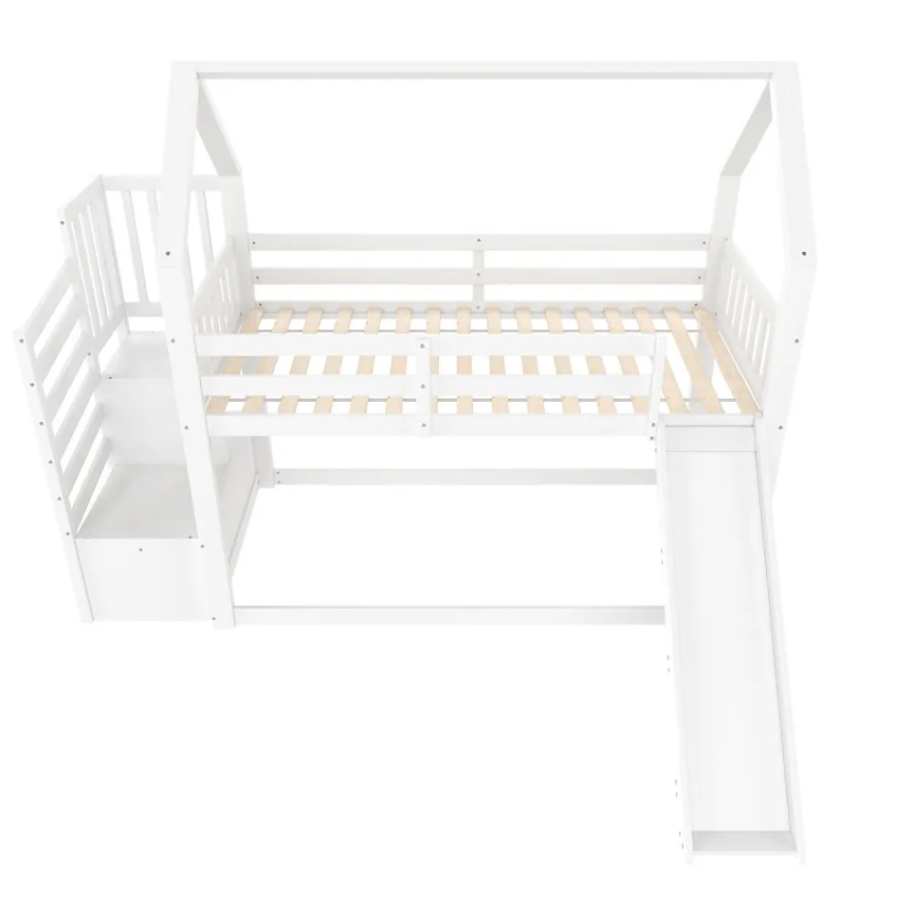 Lit Superposé Enfant 90x200 cm - Lit avec Toboggan et Escalier de Rangement - Cadre Bois MDF - Sans Matelas - Blanc>Okwish Sale