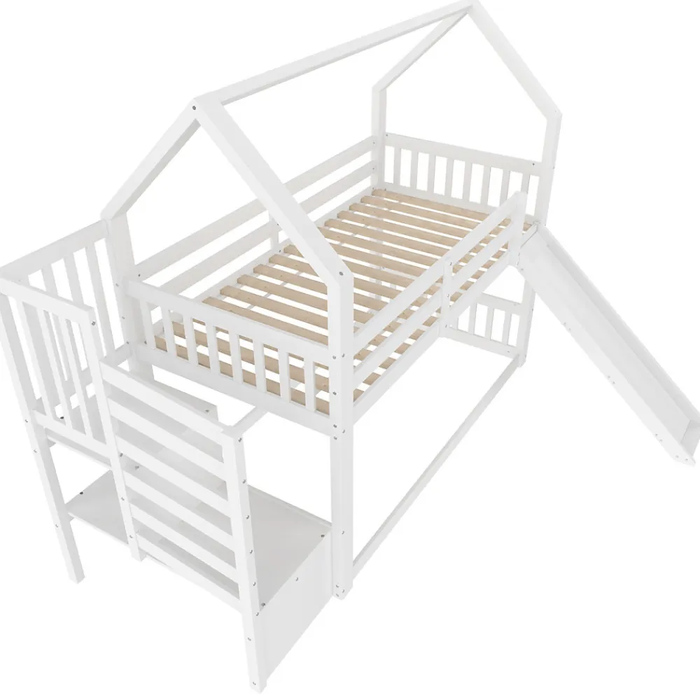 Lit Superposé Enfant 90x200 cm - Lit avec Toboggan et Escalier de Rangement - Cadre Bois MDF - Sans Matelas - Blanc>Okwish Sale