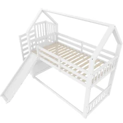 Lit Superposé Enfant 90x200 cm - Lit avec Toboggan et Escalier de Rangement - Cadre Bois MDF - Sans Matelas - Blanc><noscript><img width=