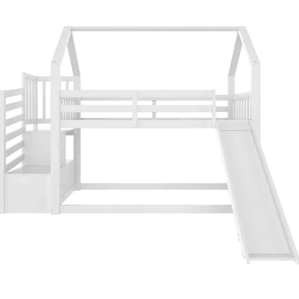 Lit Superposé Enfant 90x200 cm - Lit avec Toboggan et Escalier de Rangement - Cadre Bois MDF - Sans Matelas - Blanc>Okwish Sale