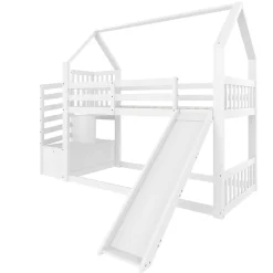 Lit Superposé Enfant 90x200 cm - Lit avec Toboggan et Escalier de Rangement - Cadre Bois MDF - Sans Matelas - Blanc><noscript><img width=