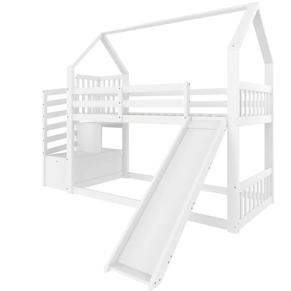 Lit Superposé Enfant 90x200 cm - Lit avec Toboggan et Escalier de Rangement - Cadre Bois MDF - Sans Matelas - Blanc>Okwish Sale