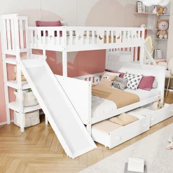 ProximaX Lit superposé enfant 90x200/140x200 cm en bois massif avec toboggan, escaliers sécurisés, 2 grands tiroirs et sommier, blanc*Enfant Lit Enfant