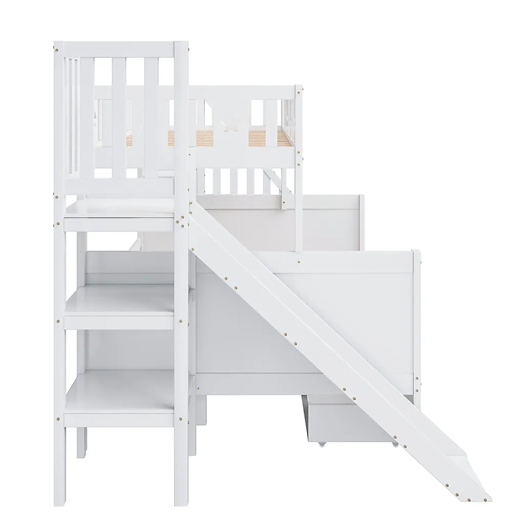 ProximaX Lit superposé enfant 90x200/140x200 cm en bois massif avec toboggan, escaliers sécurisés, 2 grands tiroirs et sommier, blanc*Enfant Lit Enfant