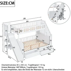 ProximaX Lit superposé enfant 90x200/140x200 cm en bois massif avec toboggan, escaliers sécurisés, 2 grands tiroirs et sommier, blanc*Enfant Lit Enfant