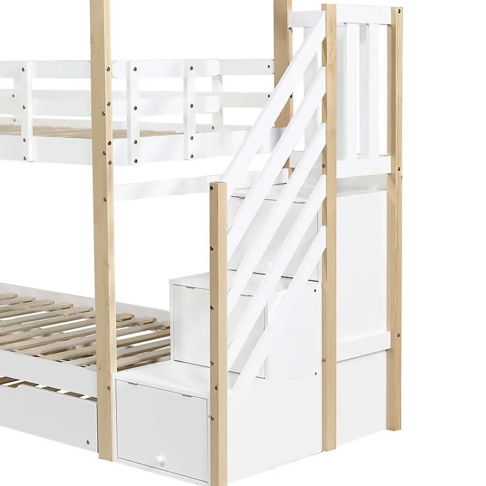Lit superposé extensible avec échelle 3 tiroirs, sécurité, cadre bois, naturel,blanc>Fortuna lai Sale