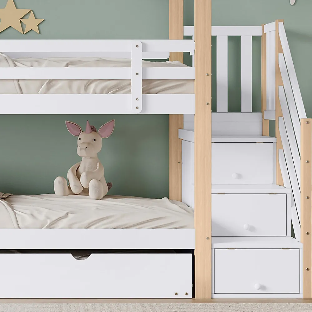 Lit superposé extensible avec échelle 3 tiroirs, sécurité, cadre bois, naturel,blanc>Fortuna lai Sale