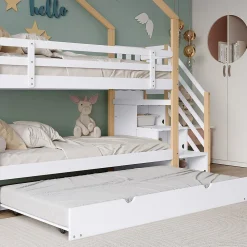 Lit superposé extensible avec échelle 3 tiroirs, sécurité, cadre bois, naturel,blanc><noscript><img width=