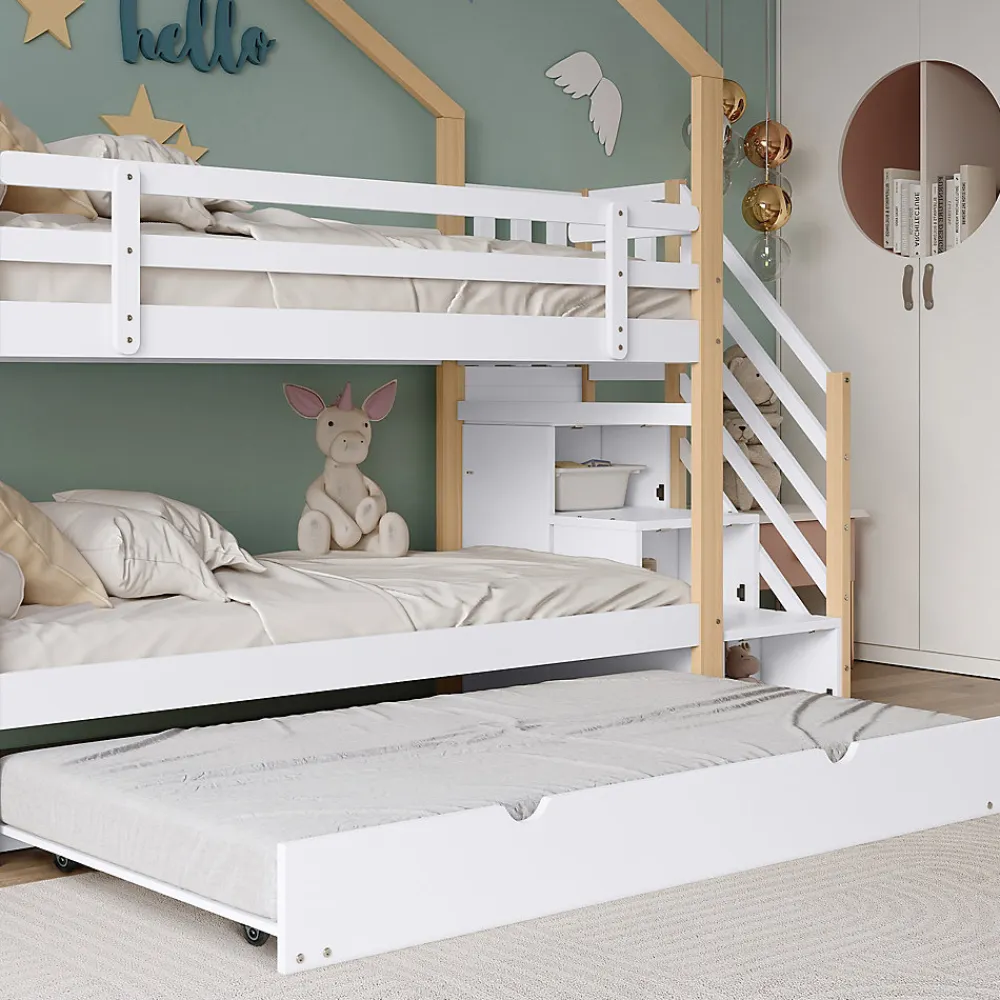 Lit superposé extensible avec échelle 3 tiroirs, sécurité, cadre bois, naturel,blanc>Fortuna lai Sale