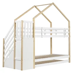 Lit superposé extensible avec échelle 3 tiroirs, sécurité, cadre bois, naturel,blanc><noscript><img width=