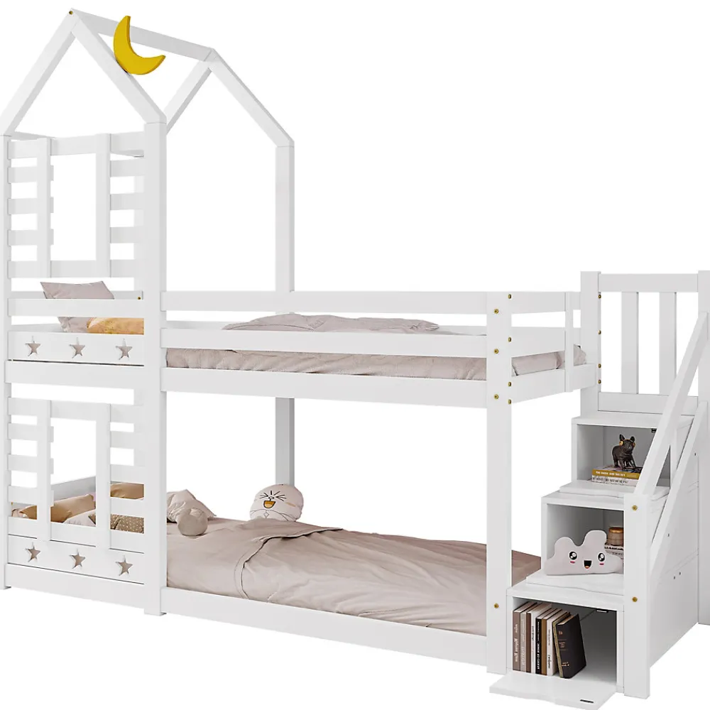 Lit superposé lit enfant bois blanc escalier avec rangement 90x200cm>Urban Meuble