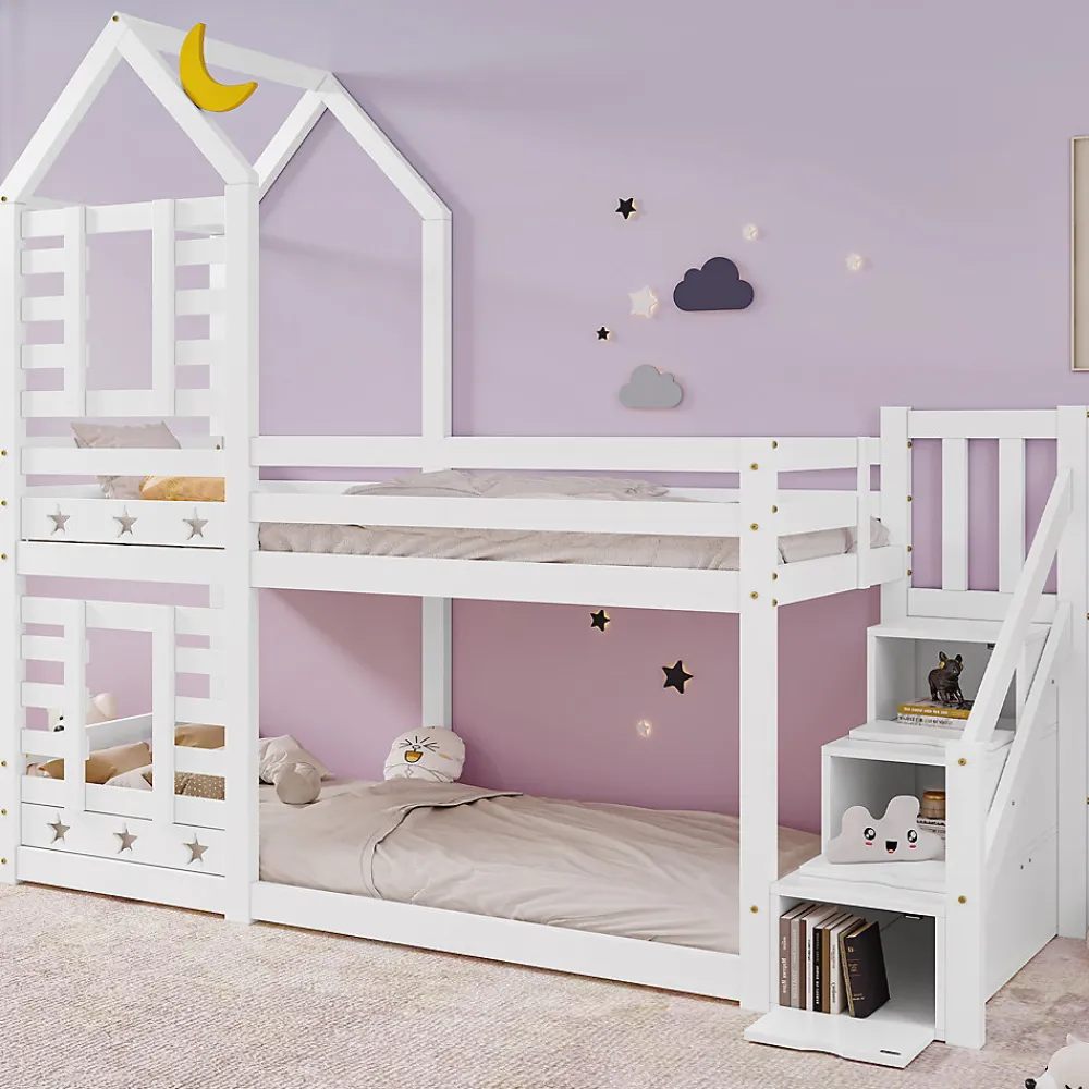 Lit superposé lit enfant bois blanc escalier avec rangement 90x200cm>Urban Meuble