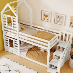 Lit superposé lit enfant bois blanc escalier avec rangement 90x200cm><noscript><img width=
